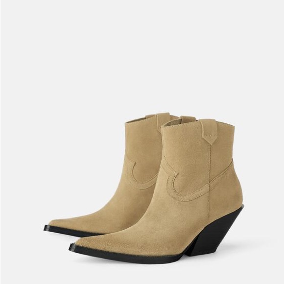 ZARA 100% LEATHER SUEDE COWBOY STACKED HEEL ANKLE BOOTS